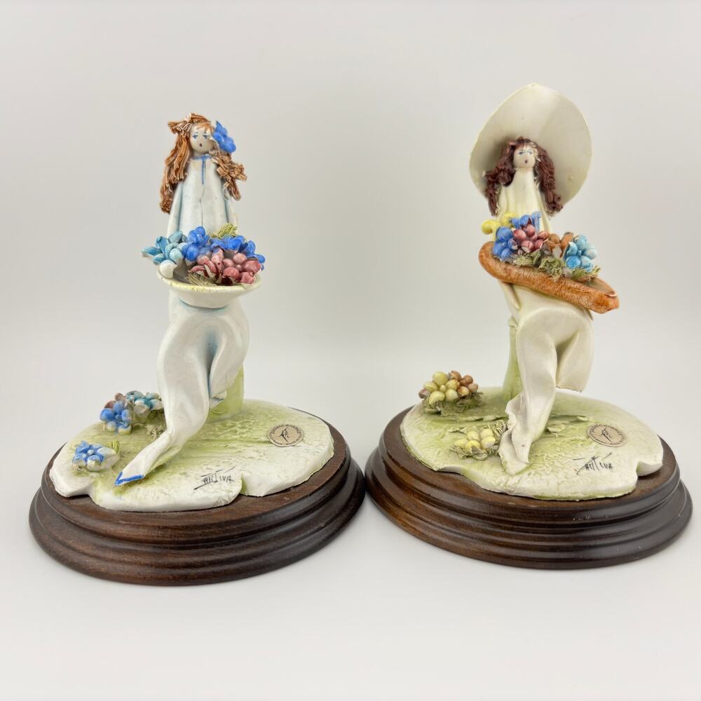 Italian Porcelain Delicate Figurines Signed 4.5" Tall Flower Picking Women